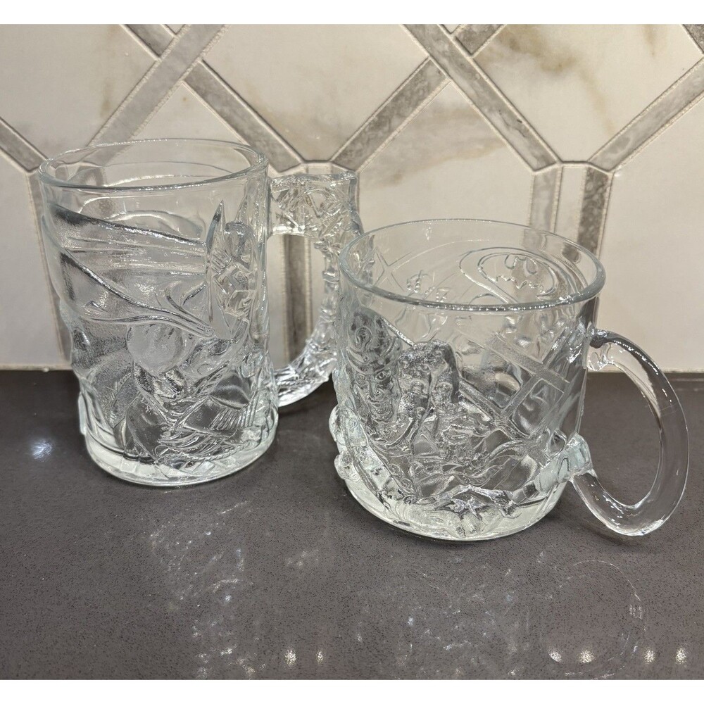 Vintage Batman Forever Glass Mugs McDonalds 1995 Batman & Riddler 2-Piece Set